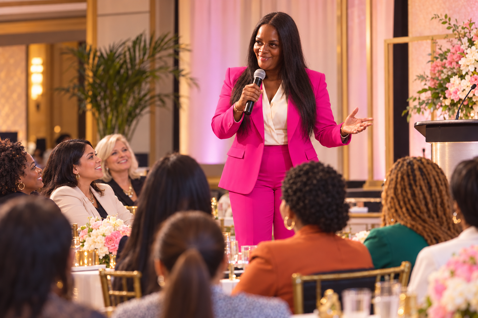 Illustrative scene of Lora speaking at a women’s conference in a fuchsia suit