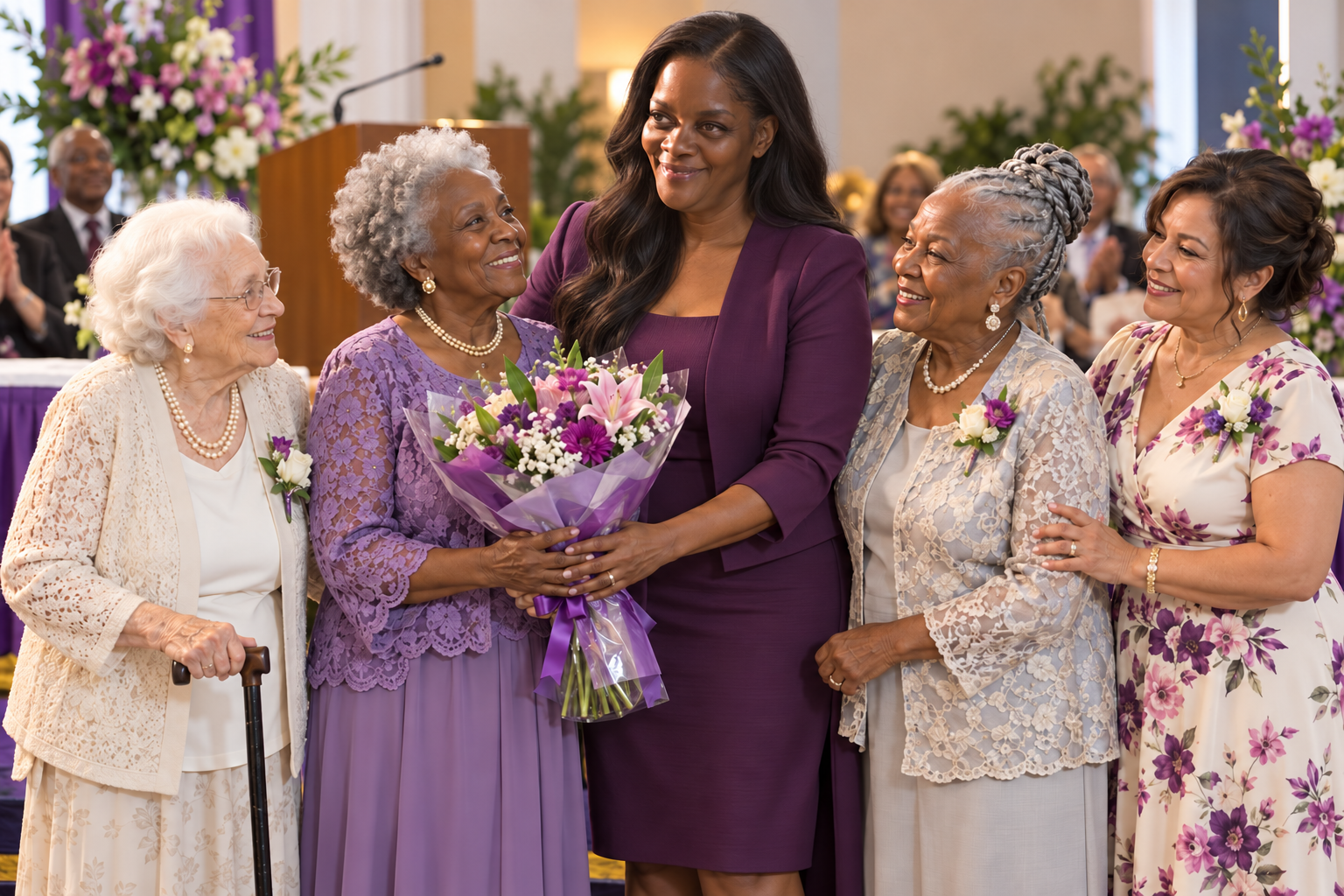 Illustrative scene of Lora in plum celebrating older women at a recognition event