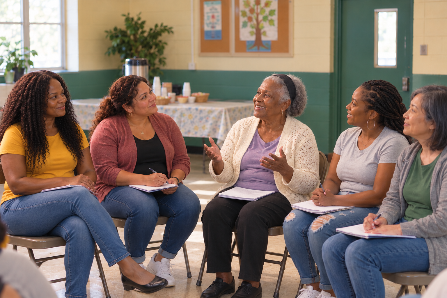 Illustrative scene of Women sharing at a neighborhood community hall, with Lora listening at the side in yellow