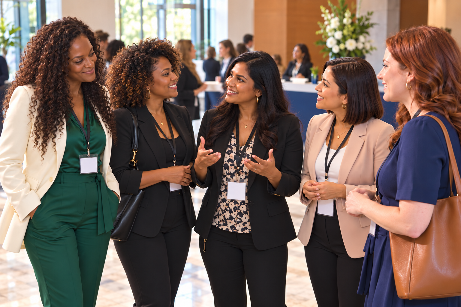 Illustrative scene of A woman sharing an idea at a networking event, with Lora listening at the left in ivory and emerald
