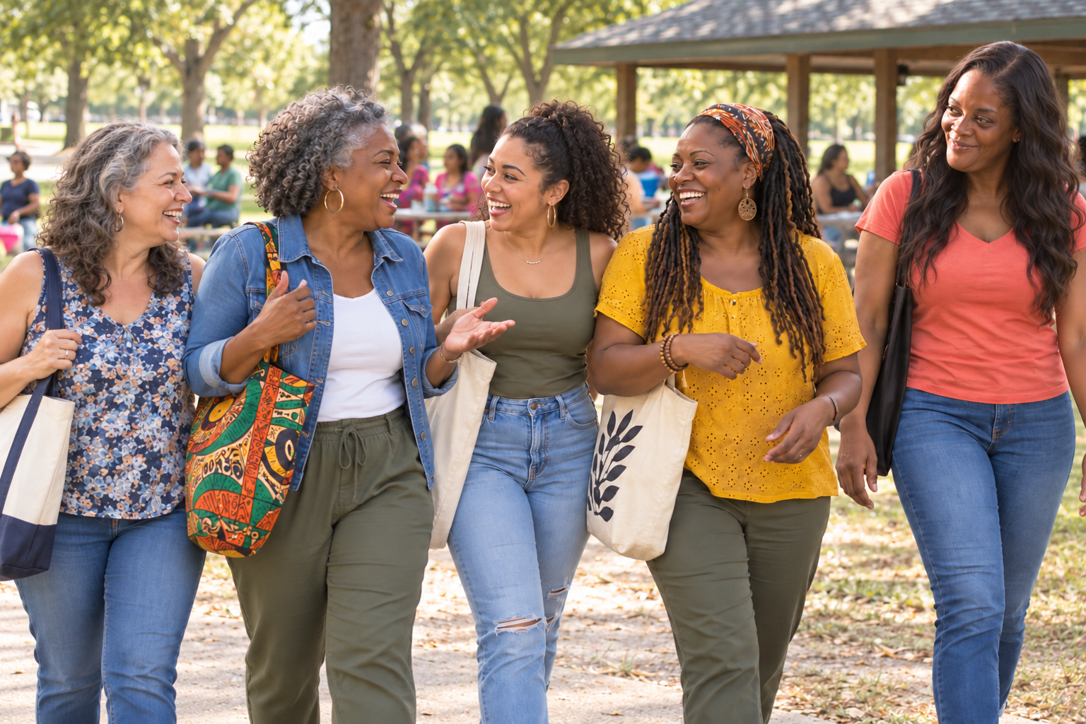 Illustrative scene of Women leading a conversation at a park gathering, with Lora walking at the right