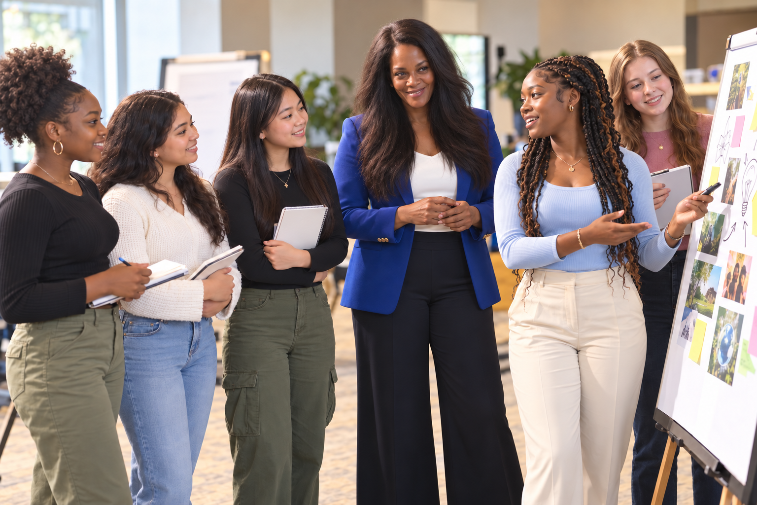 Illustrative scene of Lora in a blue blazer mentoring teenage girls at a leadership workshop